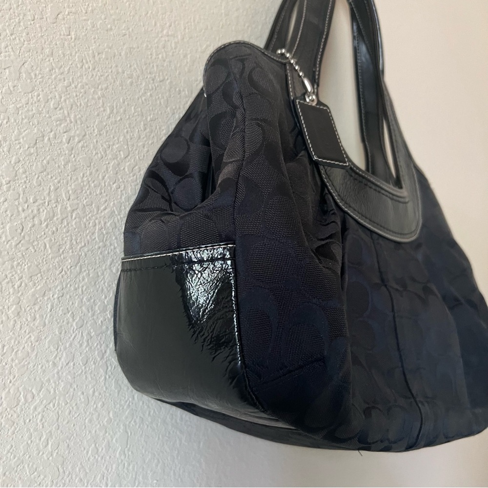 COACH Black Logo Canvas with Patent Leather Trim Shoulder Kiss-lock Satchel - Picture 5 of 12